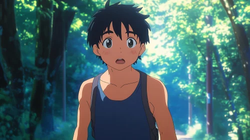 Animated Character in Forest Setting Displaying Surprise