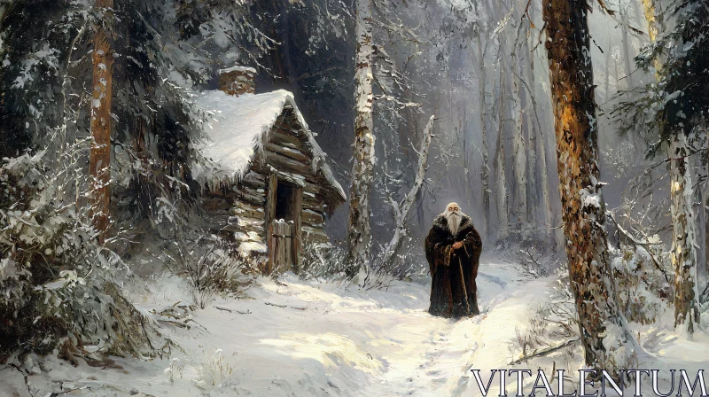 Snowy Forest Cabin Scene with Figure AI Image