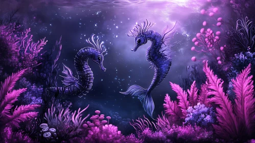 Mystical Seahorse Pair in Coral Garden
