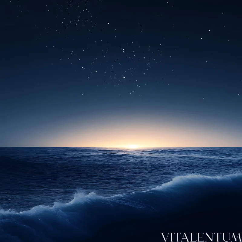 Night Ocean View with Stars and Waves