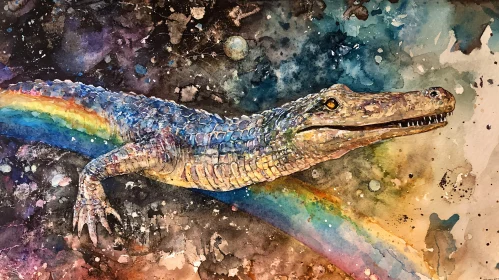 Cosmic Alligator Watercolor Art