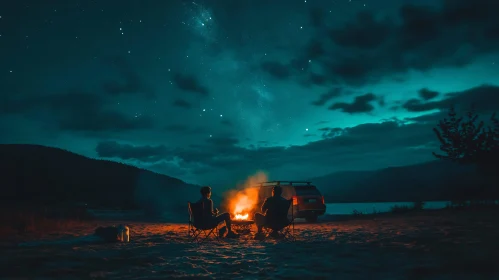Camping with Bonfire at Night
