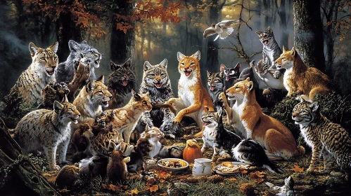 A Wild Cat Gathering in the Forest