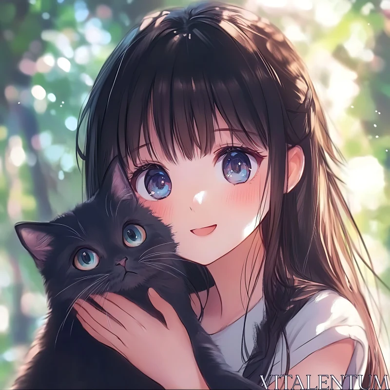 Anime Girl Embracing Black Cat Amidst Nature