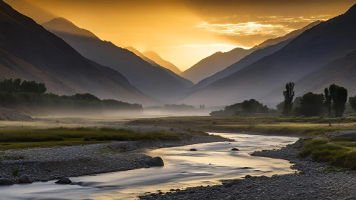 Tranquil River at Sunset with Mountain Views
