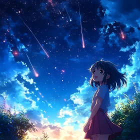 Anime Girl and Shooting Stars in a Beautiful Twilight
