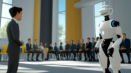 AI Robot Addressing a Business Meeting