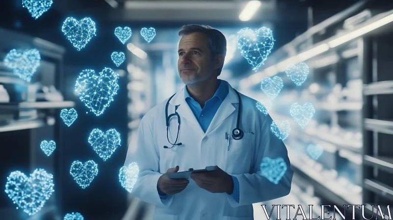 Doctor Surrounded by Digital Hearts
