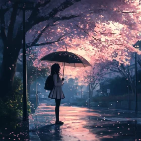Umbrella Girl under Cherry Blossoms during Twilight