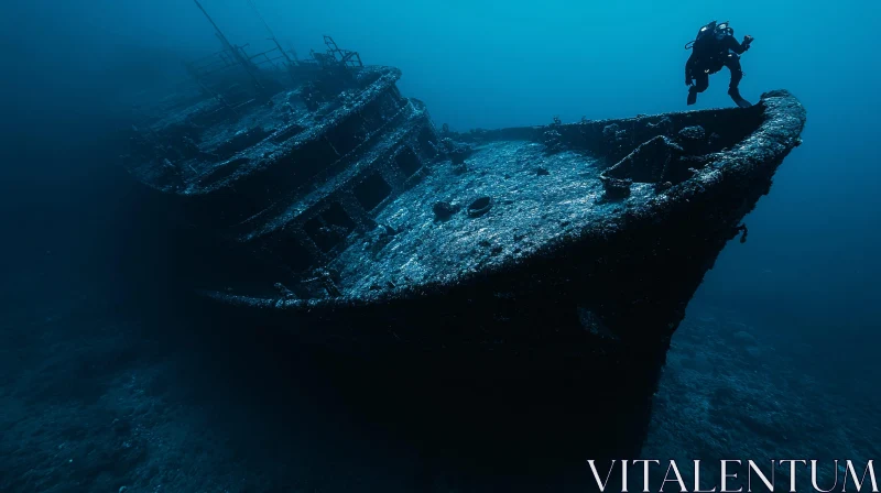 Diver Exploring a Shipwreck Underwater