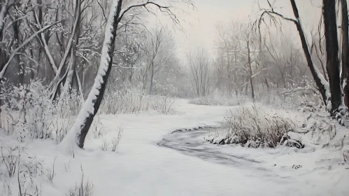 Snowy Forest Stream Winter Scene