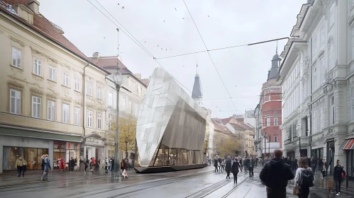 Modern Cube Building Among Traditional Facades
