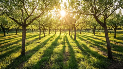 Orchard with Sunlit Trees and Shadows