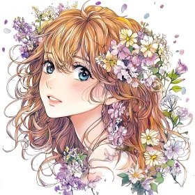 Blue-Eyed Anime Girl with Flower-adorned Hair