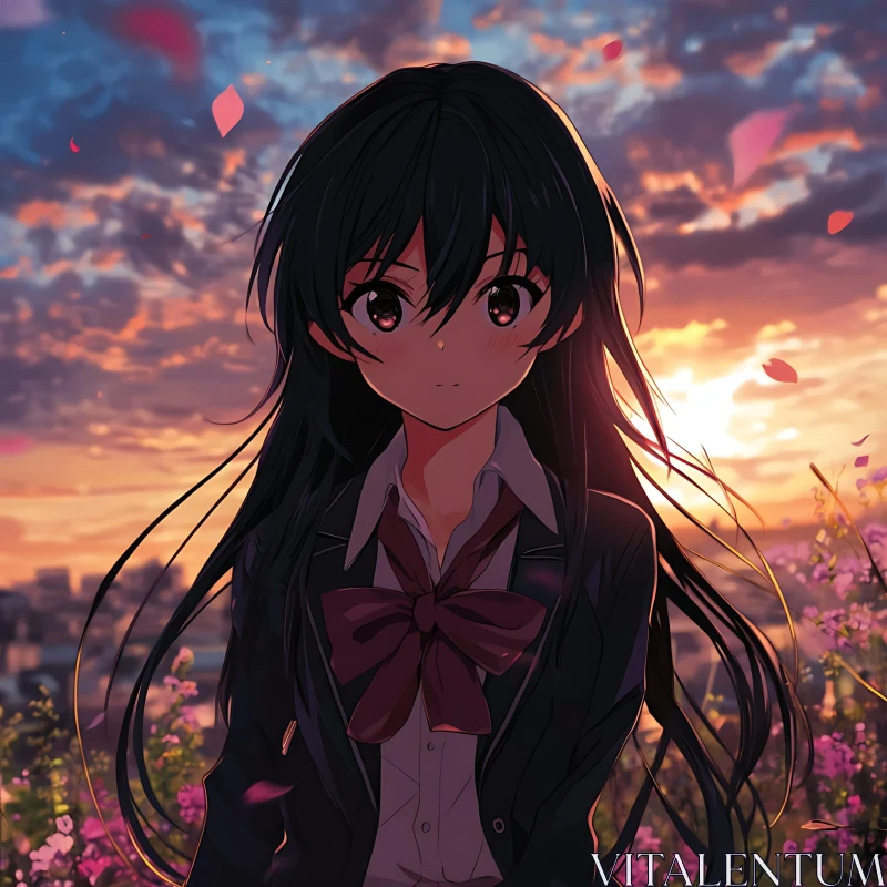 Sunset Anime Girl with Flowers AI Image