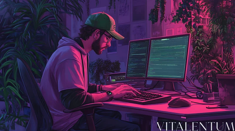 Programmer's Neon-Lit Workspace with Plants