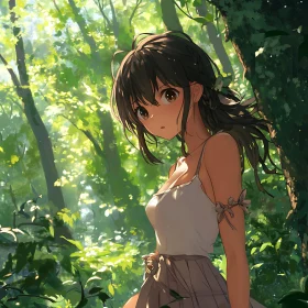 Sunlit Anime Girl in Lush Forest
