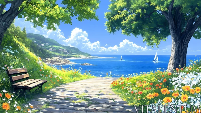 Coastal Meadow with Ocean View AI Image