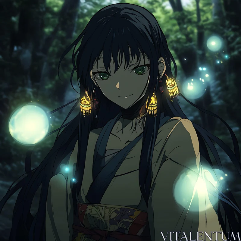 Ethereal Anime Girl Surrounded by Glowing Orbs