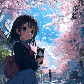 Schoolgirl and Cat in Anime Cherry Blossom Scene