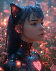 Futuristic Portrait of a Cyborg Girl in a Flowery Field