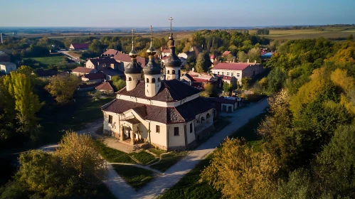 Aerial View of Church in Village