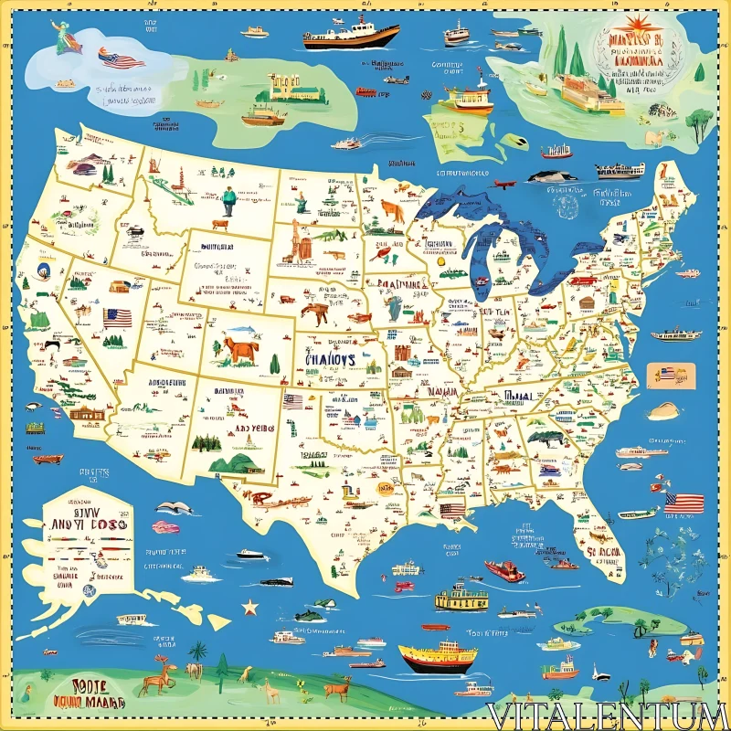 Whimsical USA Map with State Icons