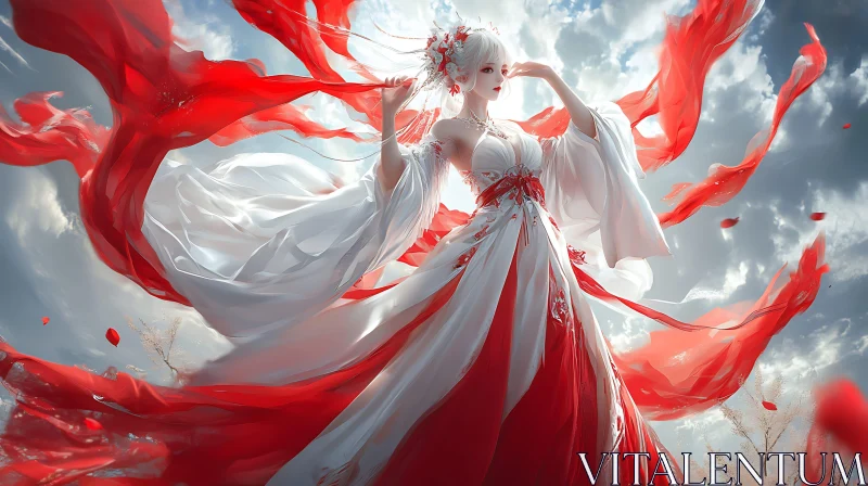 Graceful Lady in Elegant Dress with Flowing Fabrics