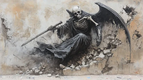 Winged Skeleton on Textured Wall