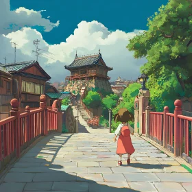 Anime Village Bridge with Girl