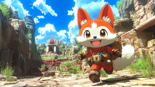 Adventurous Cartoon Fox Character in Ancient Ruins