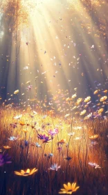Meadow in Sunlight with Flowers and Butterflies