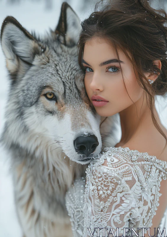 Winter's Bond: Woman and Wolf Portrait