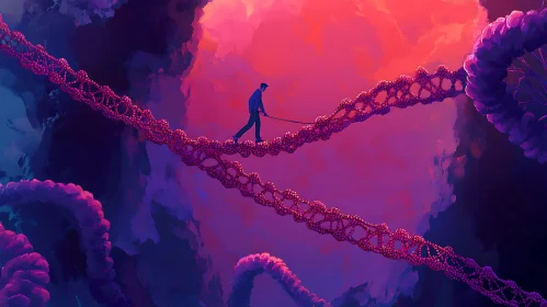 Man Walking on Abstract Bridge in Dreamlike Sky