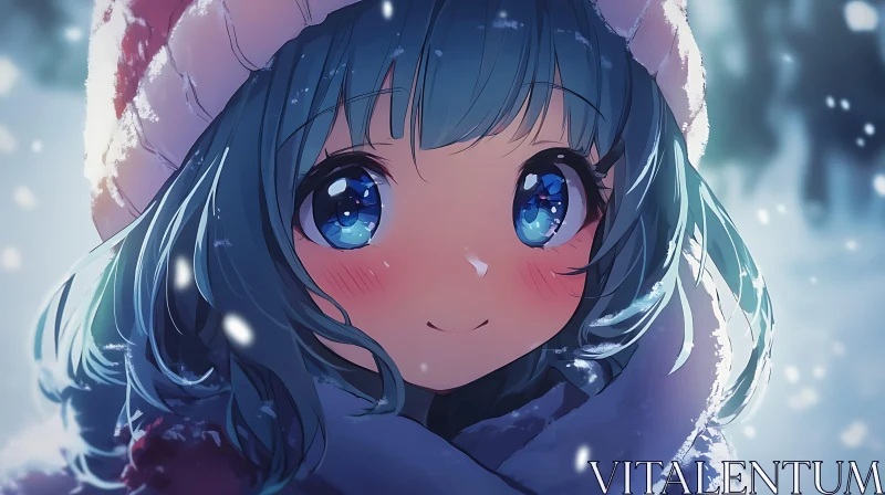 AI ART Blue-Haired Anime Girl in Snowy Scene