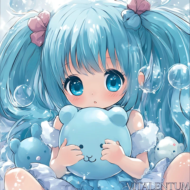 Cute Chibi Girl Holding Plush Toy