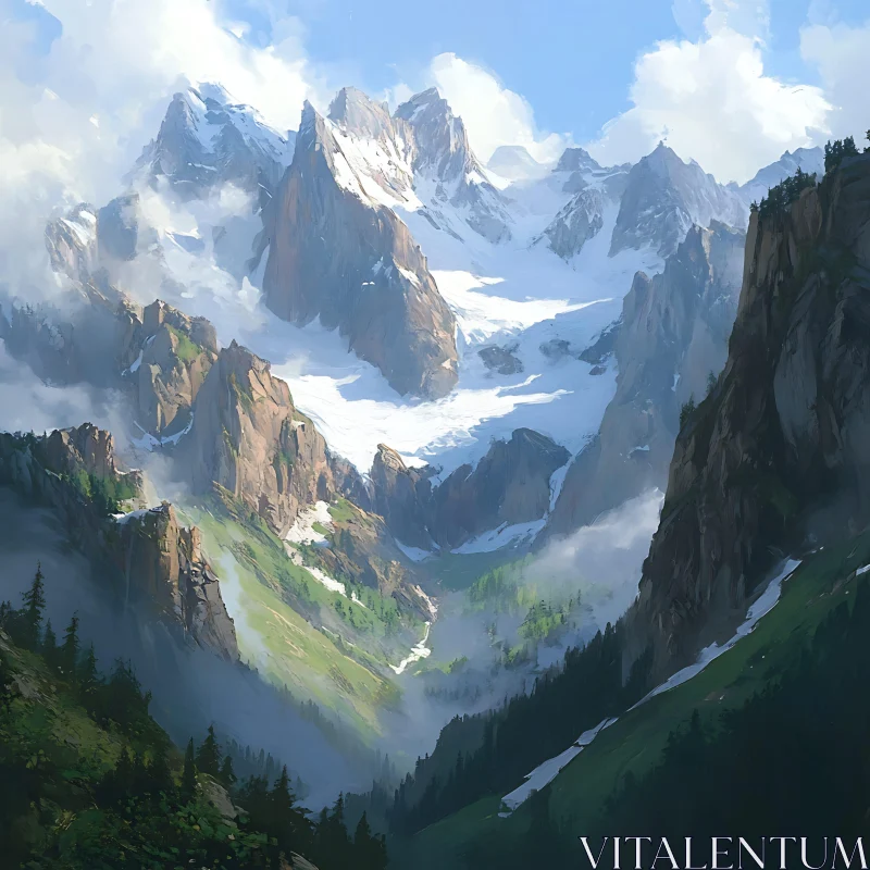 Snowy Peaks and Green Valley Scenery
