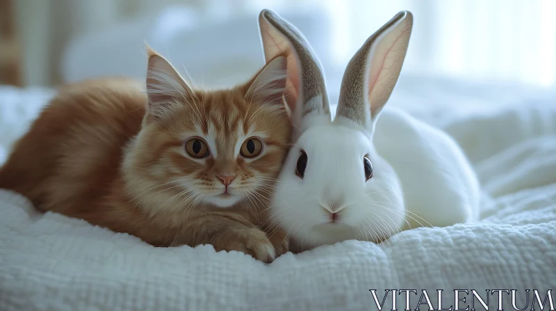 Ginger Cat and White Rabbit Cuddle