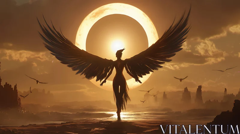 Winged Figure Sunlit Horizon Scene