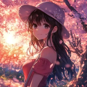 Anime Girl in Spring Cherry Blossom Garden