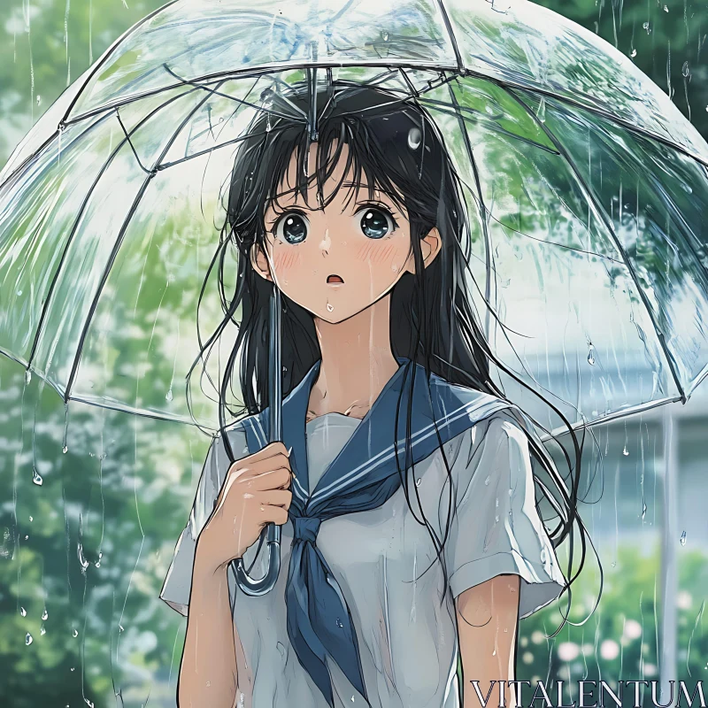 AI ART Anime Girl in Rain with School Uniform