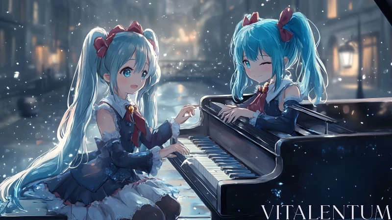 Twins with Blue Hair Playing Piano in the Evening