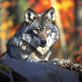 Wolf Resting on Rock