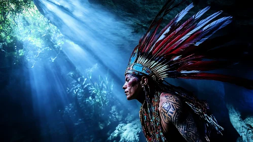 Man with Headdress in Blue Light
