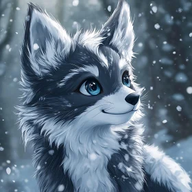 Whimsical Wolf Cub Portrait in Snowy Scene