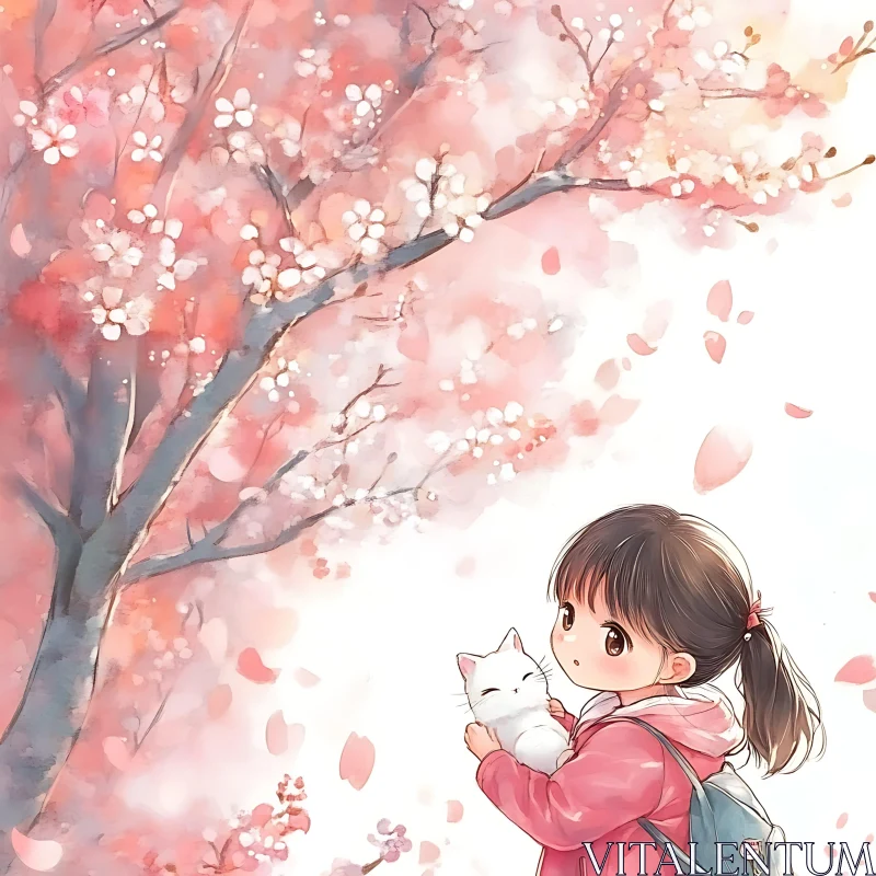 Cute Anime Girl with Cat and Cherry Blossoms
