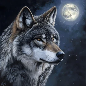 Wolf Portrait with Moon and Stars