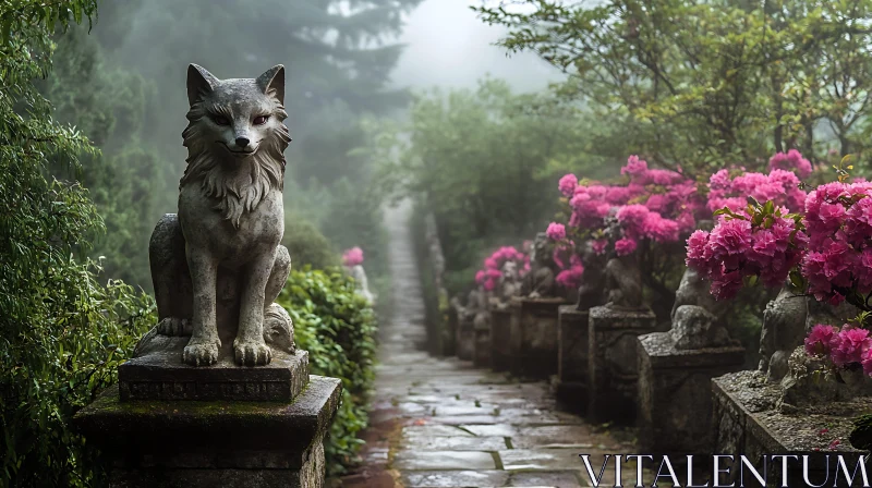 Mystical Garden Path with Fox Sculpture