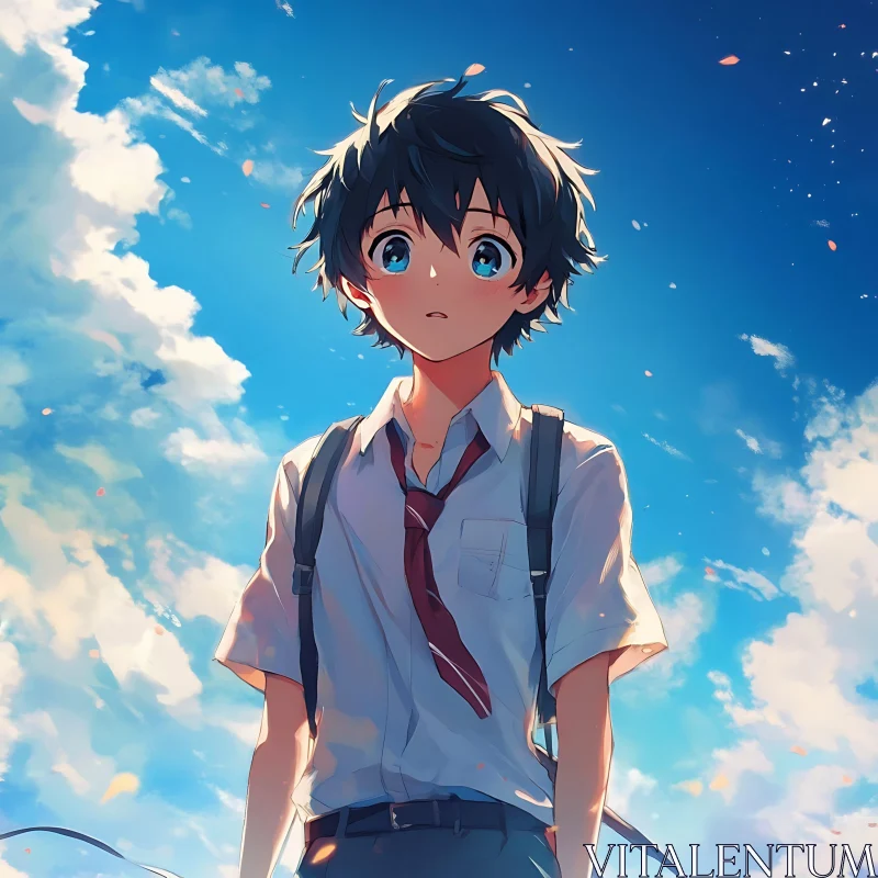 Thoughtful Anime Boy in Blue Sky AI Image