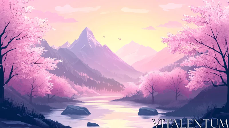 Tranquil Mountain Sunset with Pink Blossom Trees and Lake